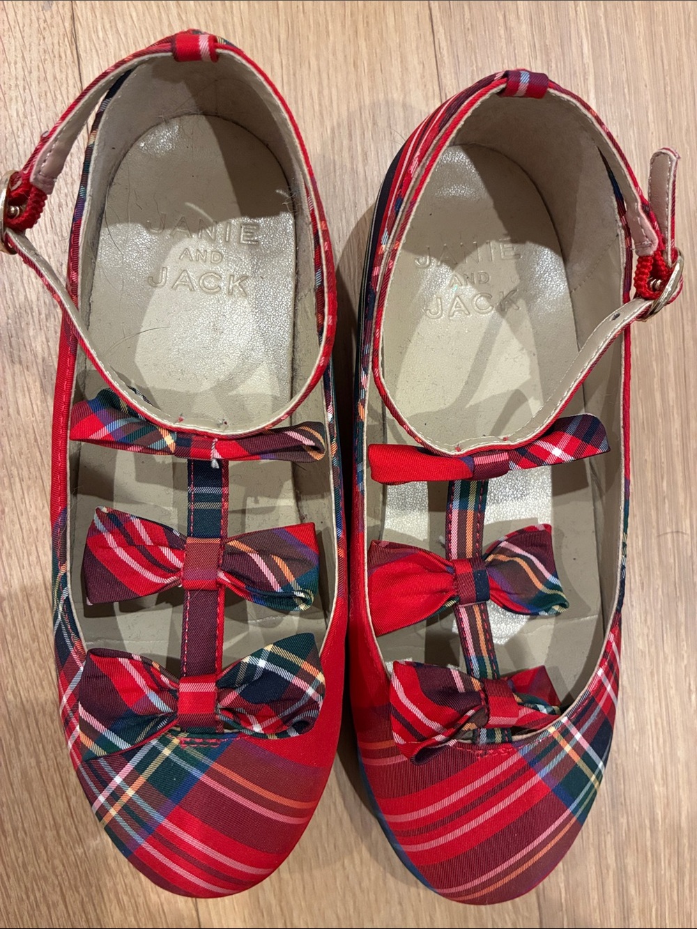 Janie and Jack girls Red Plaid Bow Strap Flats Christmas, holiday